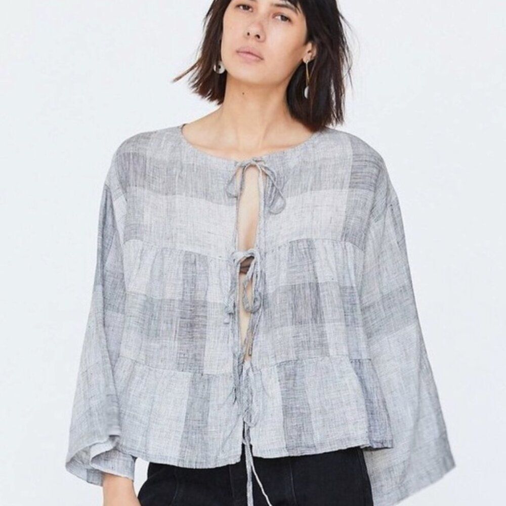 Esby Kiko Tie Back Top Black White Broken Plaid 100% Linen Boho Boxy Blouse Medi
